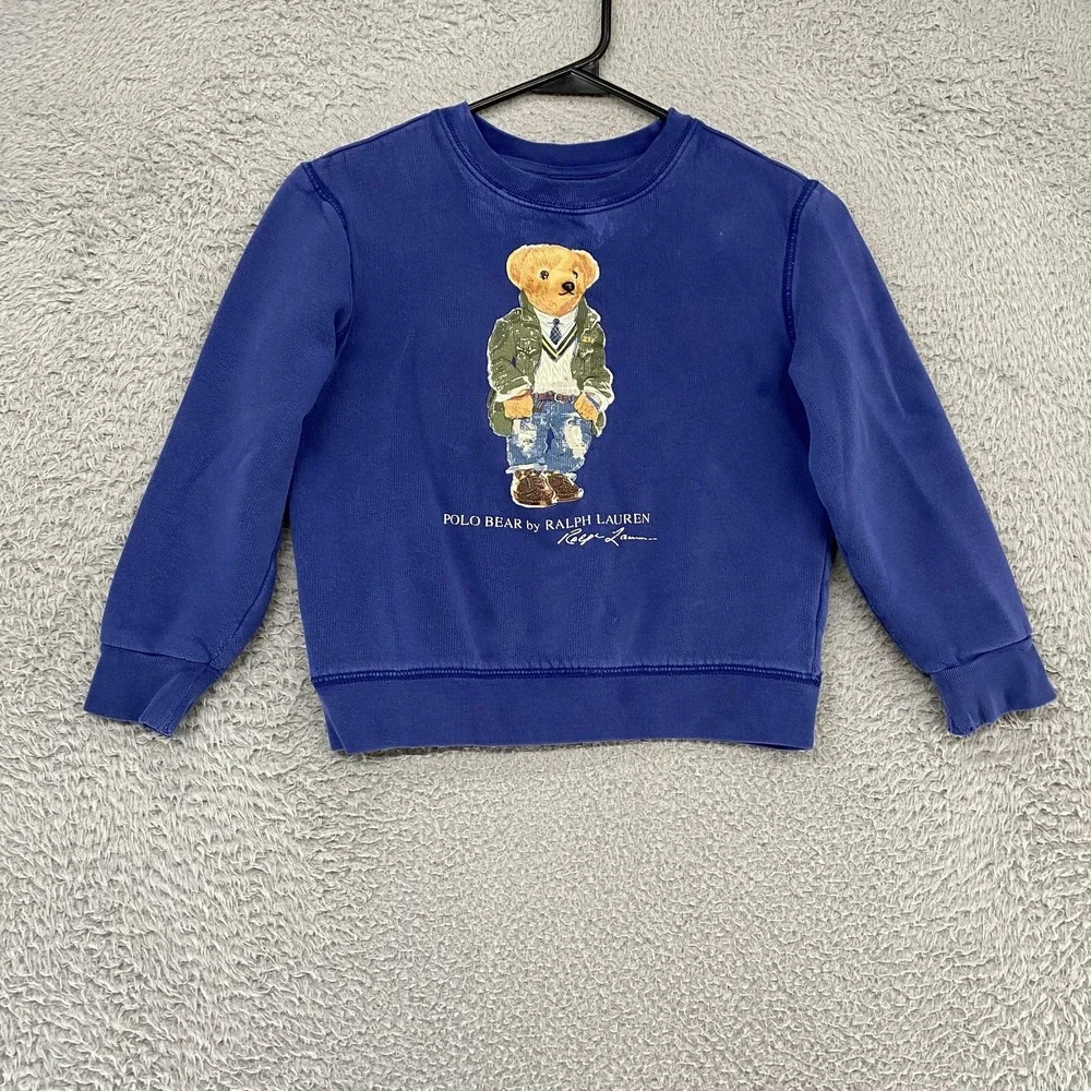 Vintage Ralph Lauren Sweatshirt Kids 5 Blue Polo Bear‎ Crewneck Pullover Y2K
